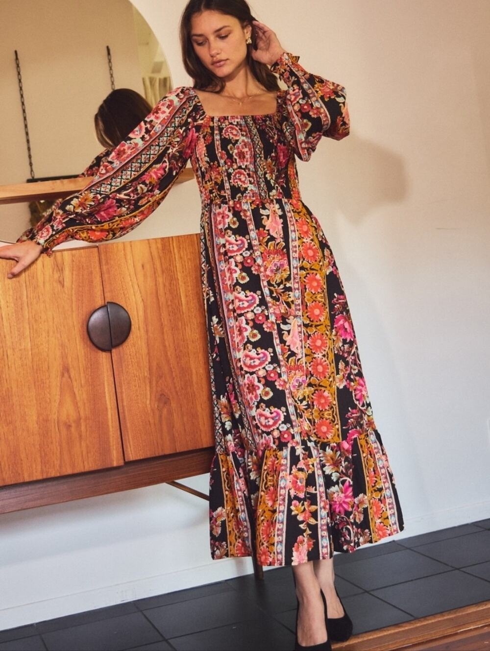 152 | Floral Long Sleeve Boho Print Maxi Dress- PLUS
